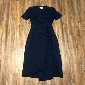 Maggie London Dress Women's 4 Faux Wrap Sheath Solid Navy Buttons